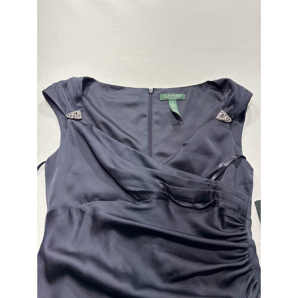 Lauren Ralph Lauren Evening Dress Womens 8 Blue Ruched Satin Sheath Knee Length - Picture 2 of 11
